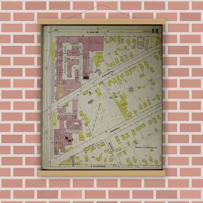 Old map wall art mockup — magnetic wood frame on brick wall — Sanborn Fire Insurance Map from Akron, Summit County, Ohio (1892), Sheet #0014