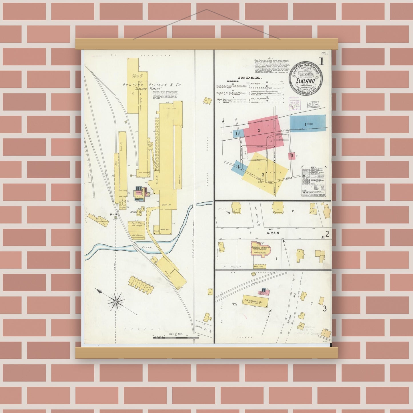 Old map wall art mockup — magnetic wood frame on brick wall — Sanborn Fire Insurance Map from Elkland, Tioga County, Pennsylvania (1903) - Complete Map Set