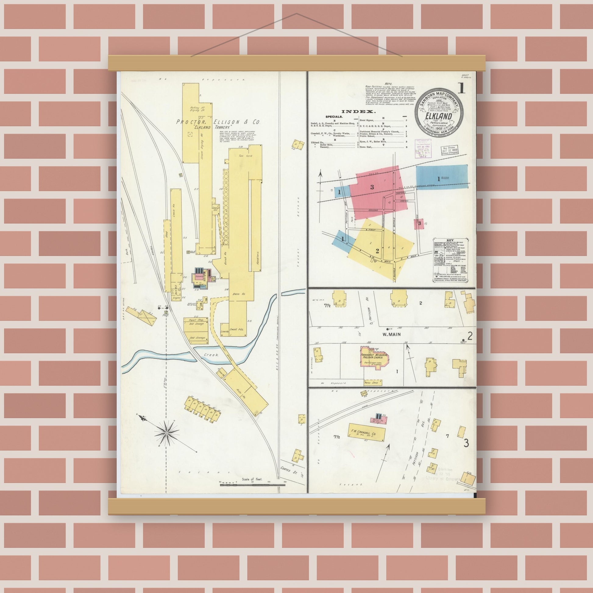 Old map wall art mockup — magnetic wood frame on brick wall — Sanborn Fire Insurance Map from Elkland, Tioga County, Pennsylvania (1903) - Complete Map Set
