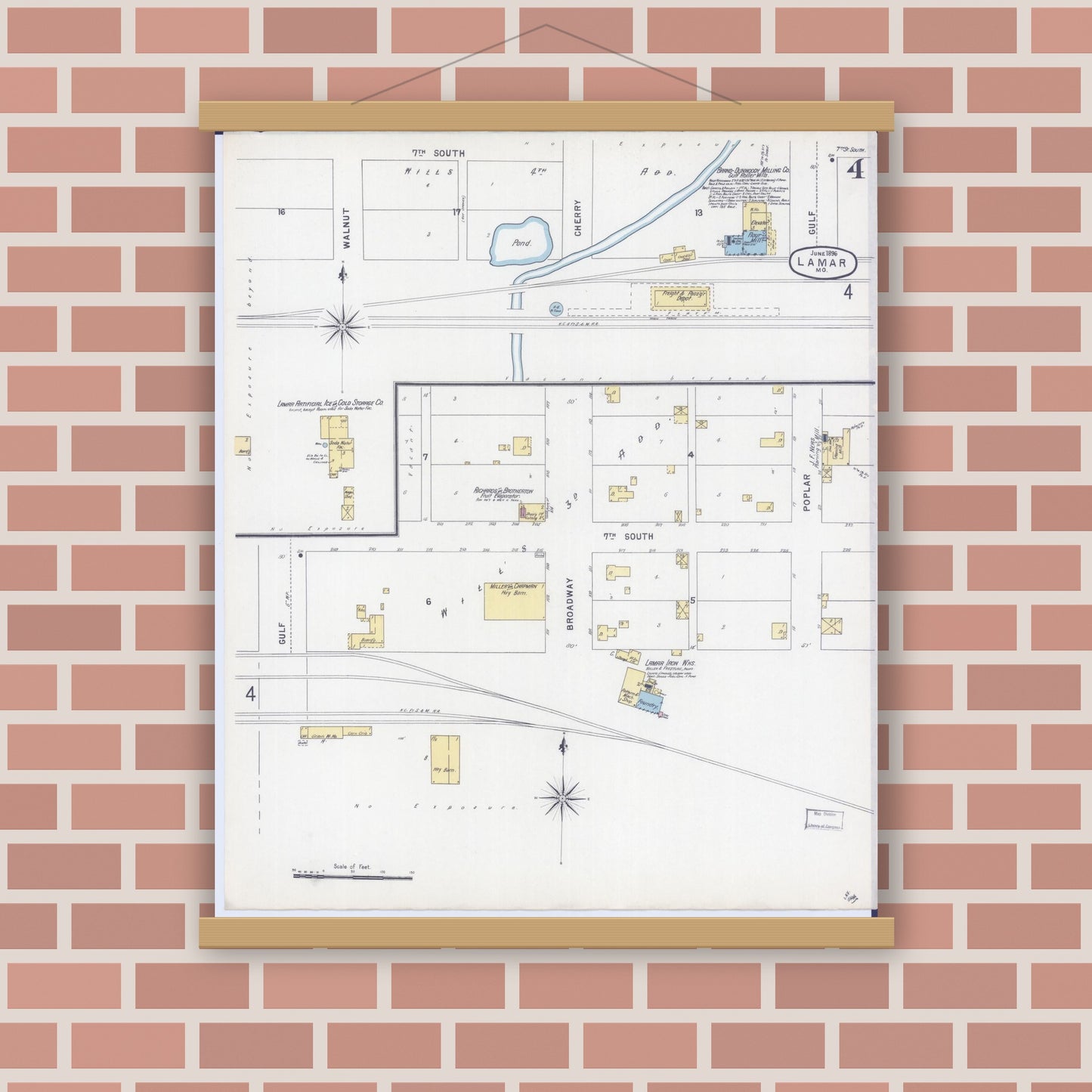 Old map wall art mockup — magnetic wood frame on brick wall — Sanborn Fire Insurance Map from Lamar, Barton County, Missouri (1896), Sheet #0004