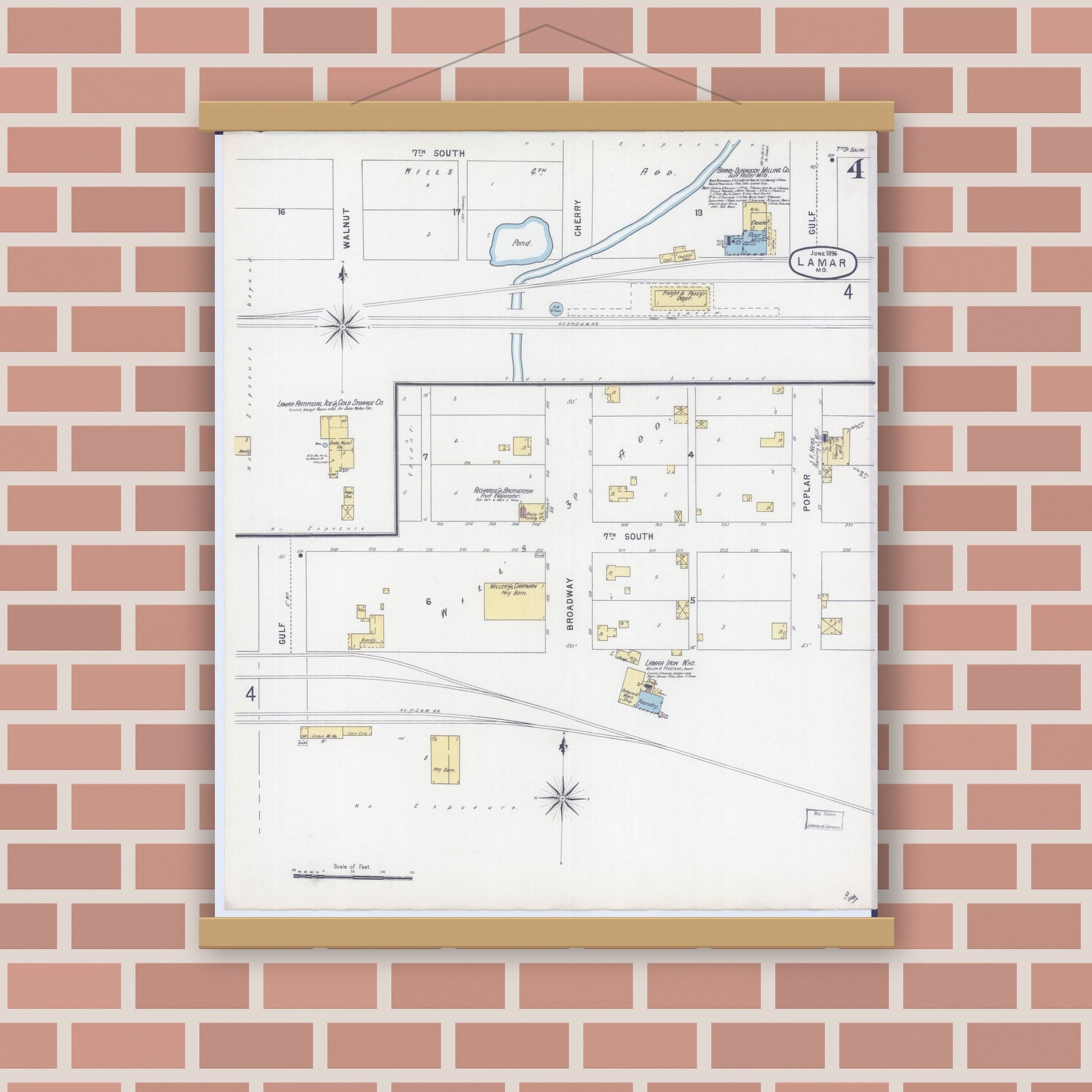 Old map wall art mockup — magnetic wood frame on brick wall — Sanborn Fire Insurance Map from Lamar, Barton County, Missouri (1896), Sheet #0004