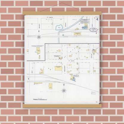 Old map wall art mockup — magnetic wood frame on brick wall — Sanborn Fire Insurance Map from Lamar, Barton County, Missouri (1896), Sheet #0004