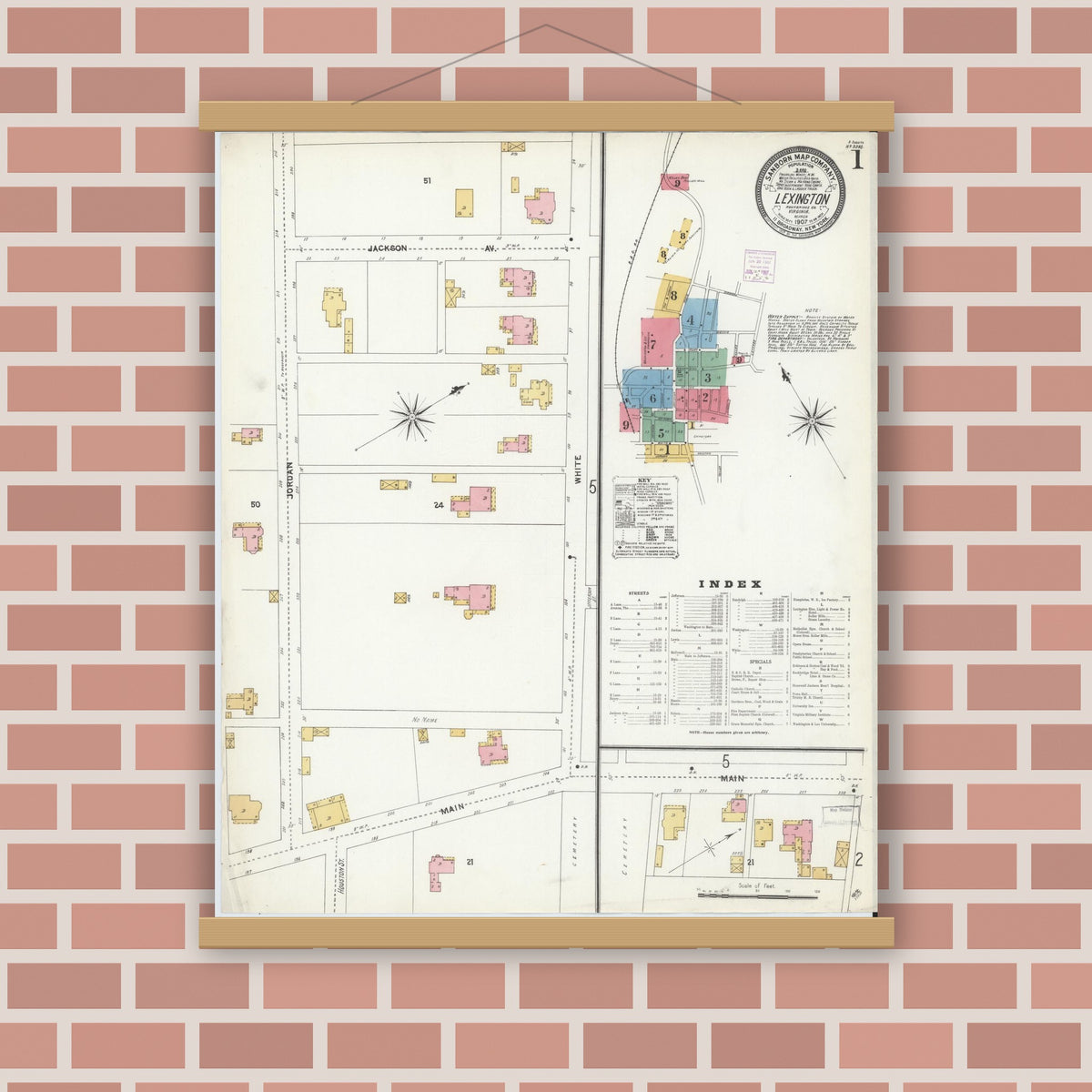 Old map wall art mockup — magnetic wood frame on brick wall — Sanborn Fire Insurance Map from Lexington, Independent Cities, Virginia (1907), Sheet #0001