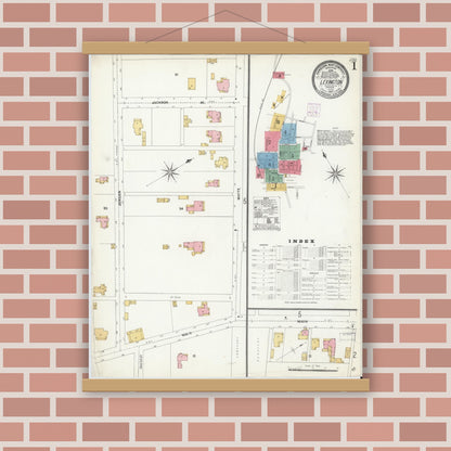 Old map wall art mockup — magnetic wood frame on brick wall — Sanborn Fire Insurance Map from Lexington, Independent Cities, Virginia (1907), Sheet #0001