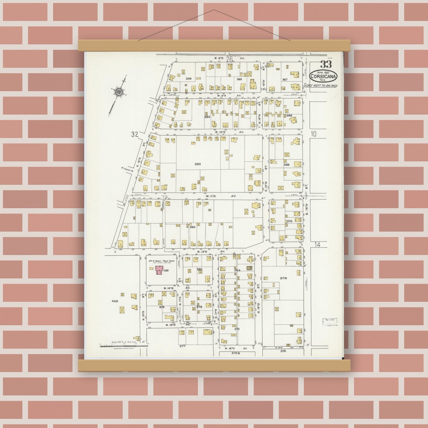 Old map wall art mockup — magnetic wood frame on brick wall — Sanborn Fire Insurance Map from Corsicana, Navarro County, Texas (1921), Sheet #0033