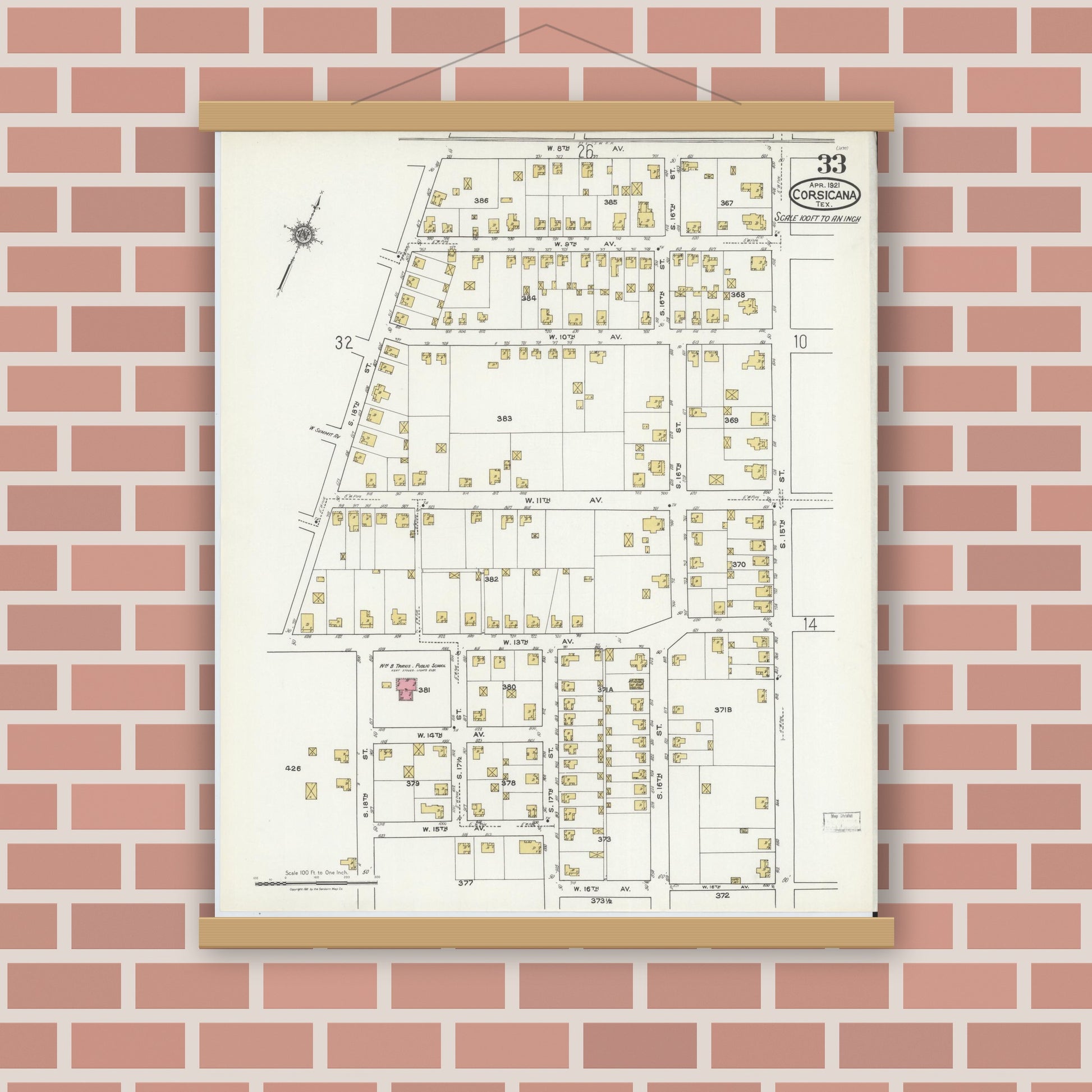 Old map wall art mockup — magnetic wood frame on brick wall — Sanborn Fire Insurance Map from Corsicana, Navarro County, Texas (1921), Sheet #0033