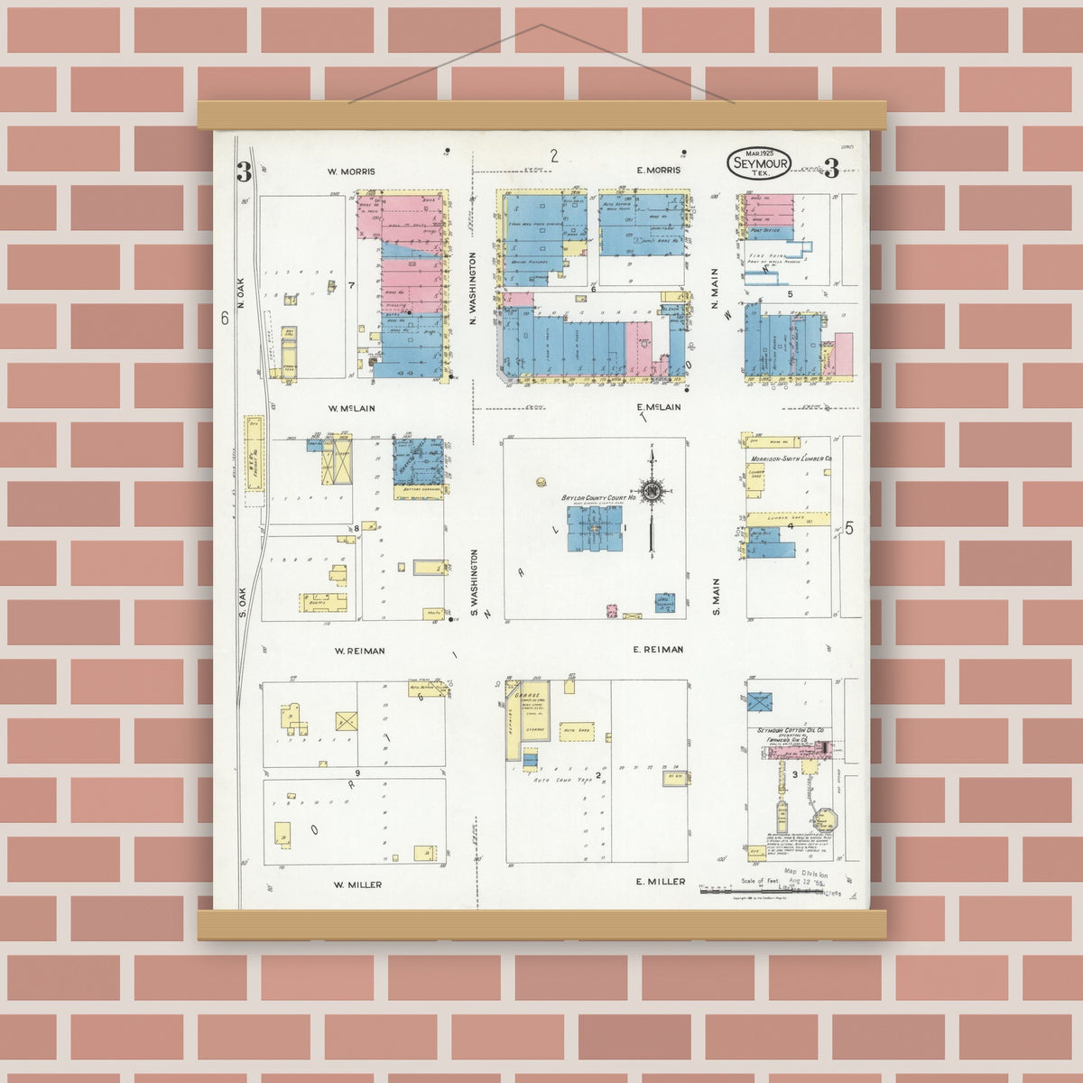 Old map wall art mockup — magnetic wood frame on brick wall — Sanborn Fire Insurance Map from Seymour, Baylor County, Texas (1925), Sheet #0003