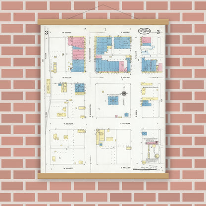 Old map wall art mockup — magnetic wood frame on brick wall — Sanborn Fire Insurance Map from Seymour, Baylor County, Texas (1925), Sheet #0003