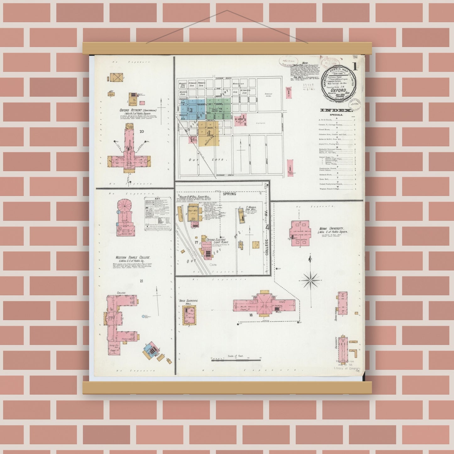 Old map wall art mockup — magnetic wood frame on brick wall — Sanborn Fire Insurance Map from Oxford, Butler County, Ohio (1899) - Complete Map Set