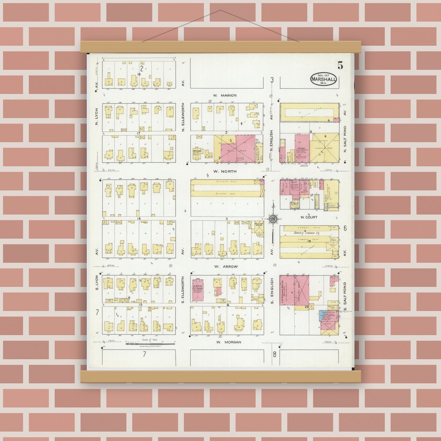 Old map wall art mockup — magnetic wood frame on brick wall — Sanborn Fire Insurance Map from Marshall, Saline County, Missouri (1917), Sheet #0005