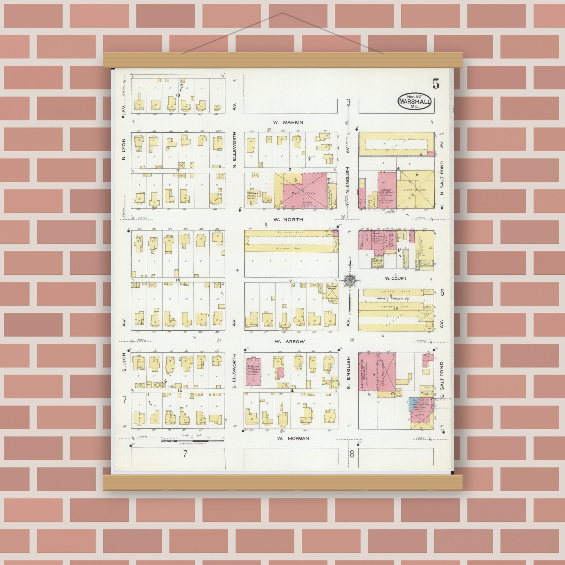 Old map wall art mockup — magnetic wood frame on brick wall — Sanborn Fire Insurance Map from Marshall, Saline County, Missouri (1917), Sheet #0005