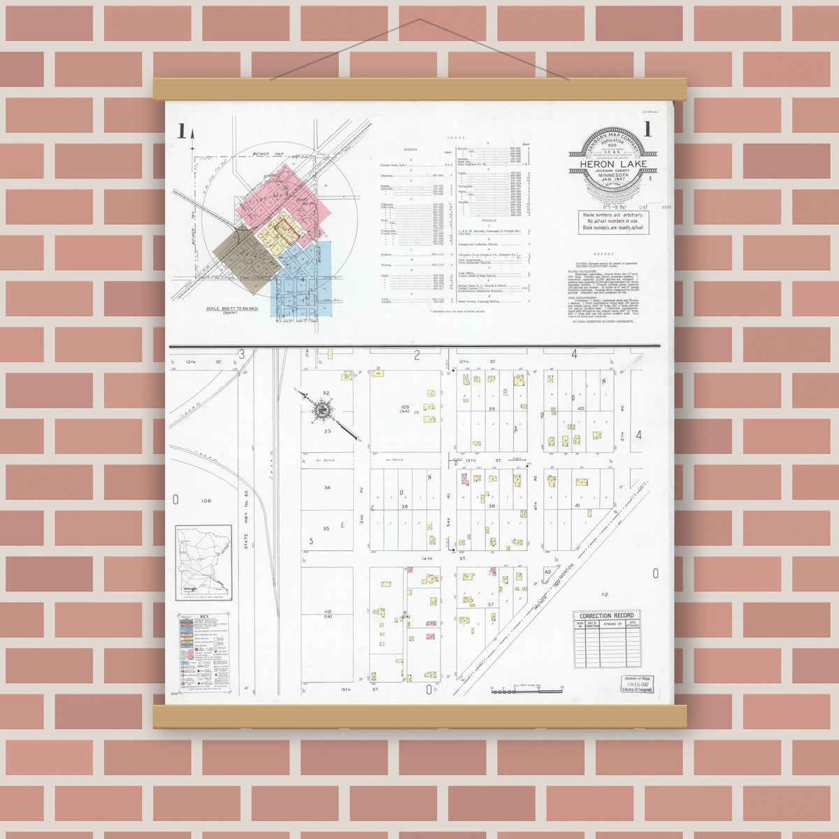 Old map wall art mockup — magnetic wood frame on brick wall — Sanborn Fire Insurance Map from Heron Lake, Jackson County, Minnesota (1947), Sheet #0001