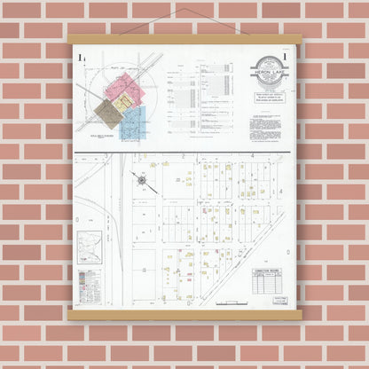 Old map wall art mockup — magnetic wood frame on brick wall — Sanborn Fire Insurance Map from Heron Lake, Jackson County, Minnesota (1947), Sheet #0001