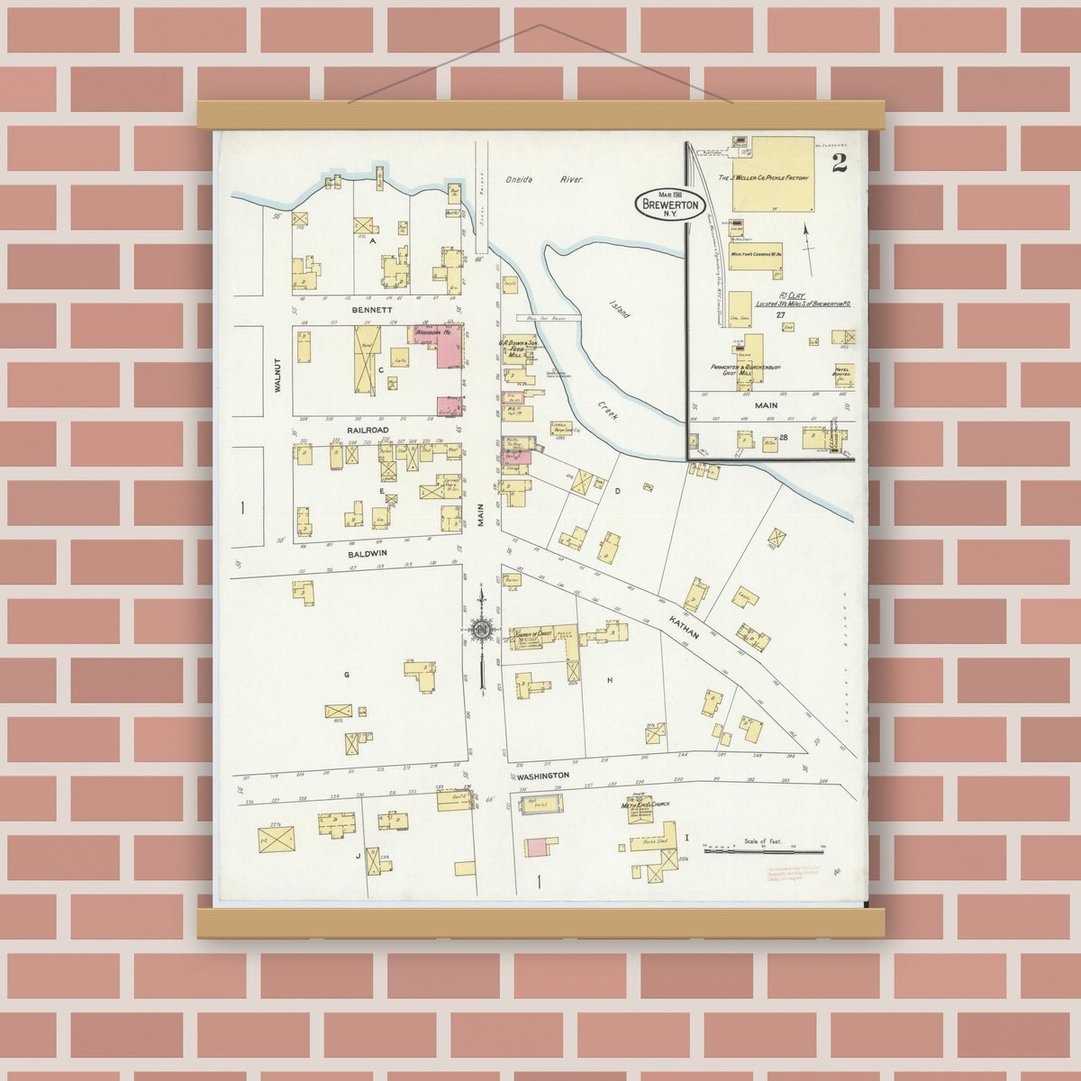 Old map wall art mockup — magnetic wood frame on brick wall — Sanborn Fire Insurance Map from Brewerton, Onondaga County, New York (1911), Sheet #0002