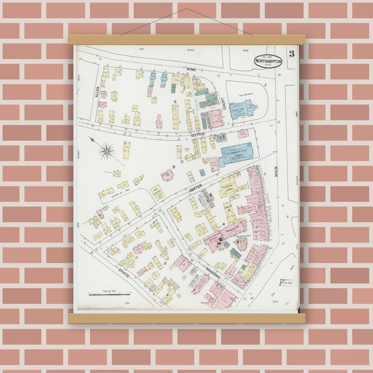 Old map wall art mockup — magnetic wood frame on brick wall — Sanborn Fire Insurance Map from Northampton, Hampshire County, Massachusetts (1889), Sheet #0003