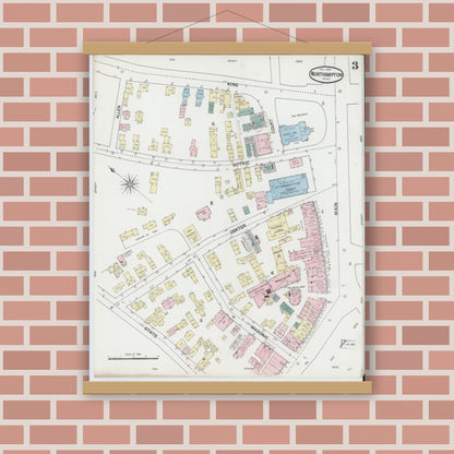 Old map wall art mockup — magnetic wood frame on brick wall — Sanborn Fire Insurance Map from Northampton, Hampshire County, Massachusetts (1889), Sheet #0003