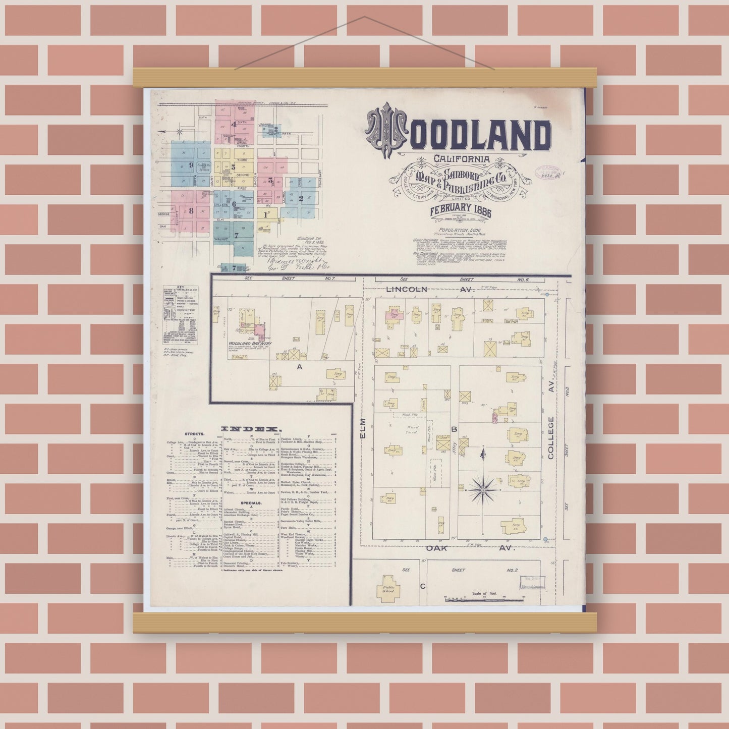 Old map wall art mockup — magnetic wood frame on brick wall — Sanborn Fire Insurance Map from Woodland, Yolo County, California (1886) - Complete Map Set