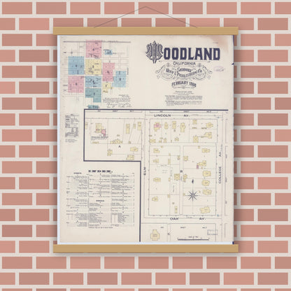 Old map wall art mockup — magnetic wood frame on brick wall — Sanborn Fire Insurance Map from Woodland, Yolo County, California (1886) - Complete Map Set