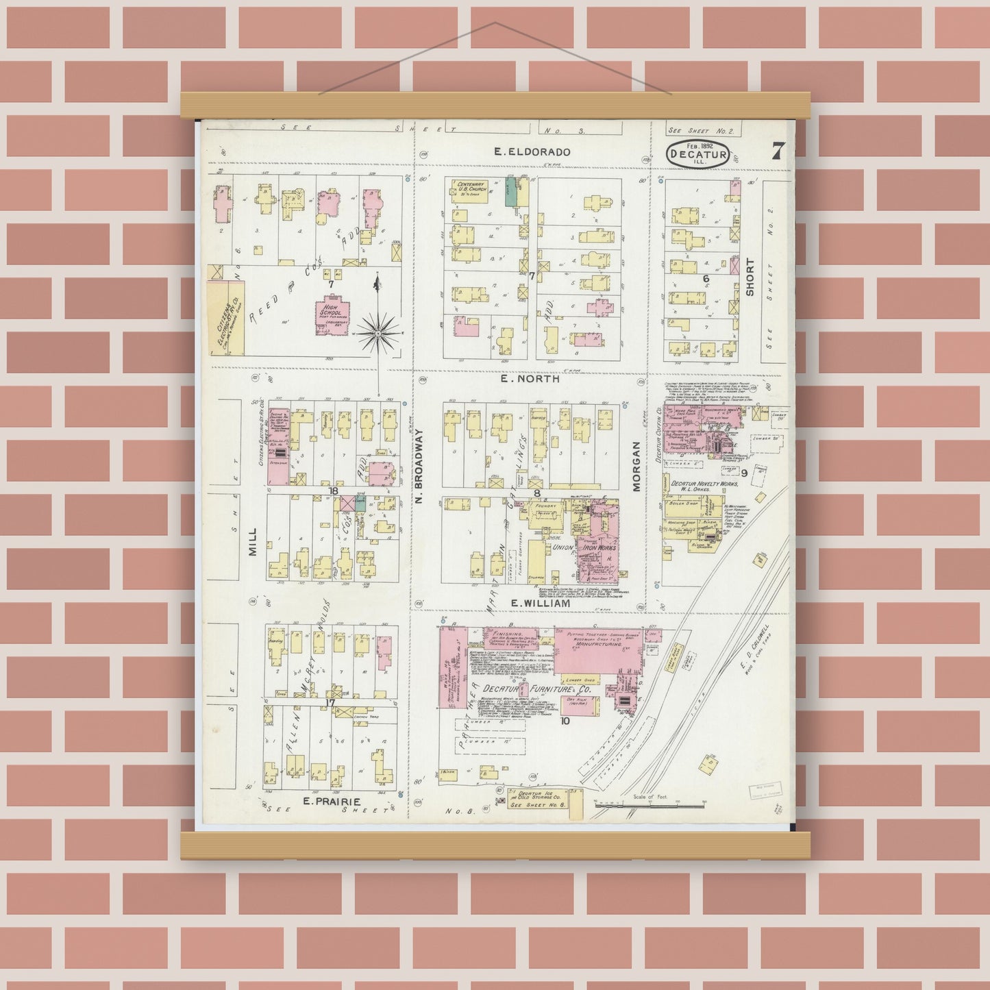 Old map wall art mockup — magnetic wood frame on brick wall — Sanborn Fire Insurance Map from Decatur, Macon County, Illinois (1892), Sheet #0007