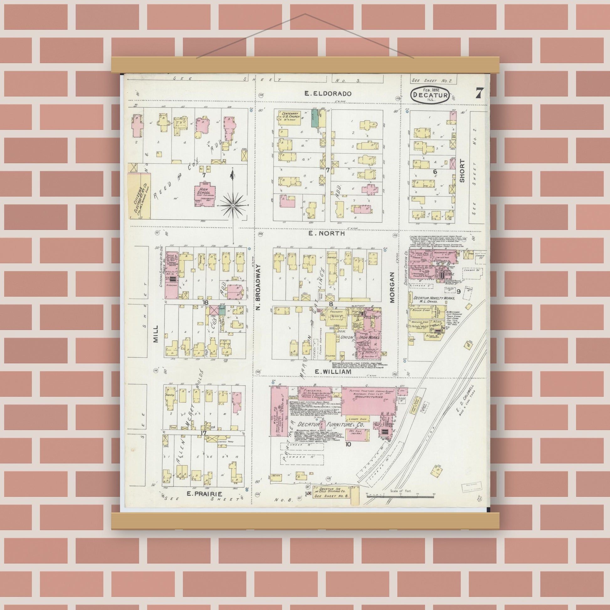 Old map wall art mockup — magnetic wood frame on brick wall — Sanborn Fire Insurance Map from Decatur, Macon County, Illinois (1892), Sheet #0007