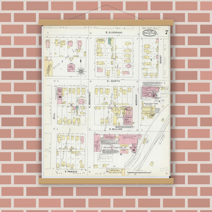 Old map wall art mockup — magnetic wood frame on brick wall — Sanborn Fire Insurance Map from Decatur, Macon County, Illinois (1892), Sheet #0007