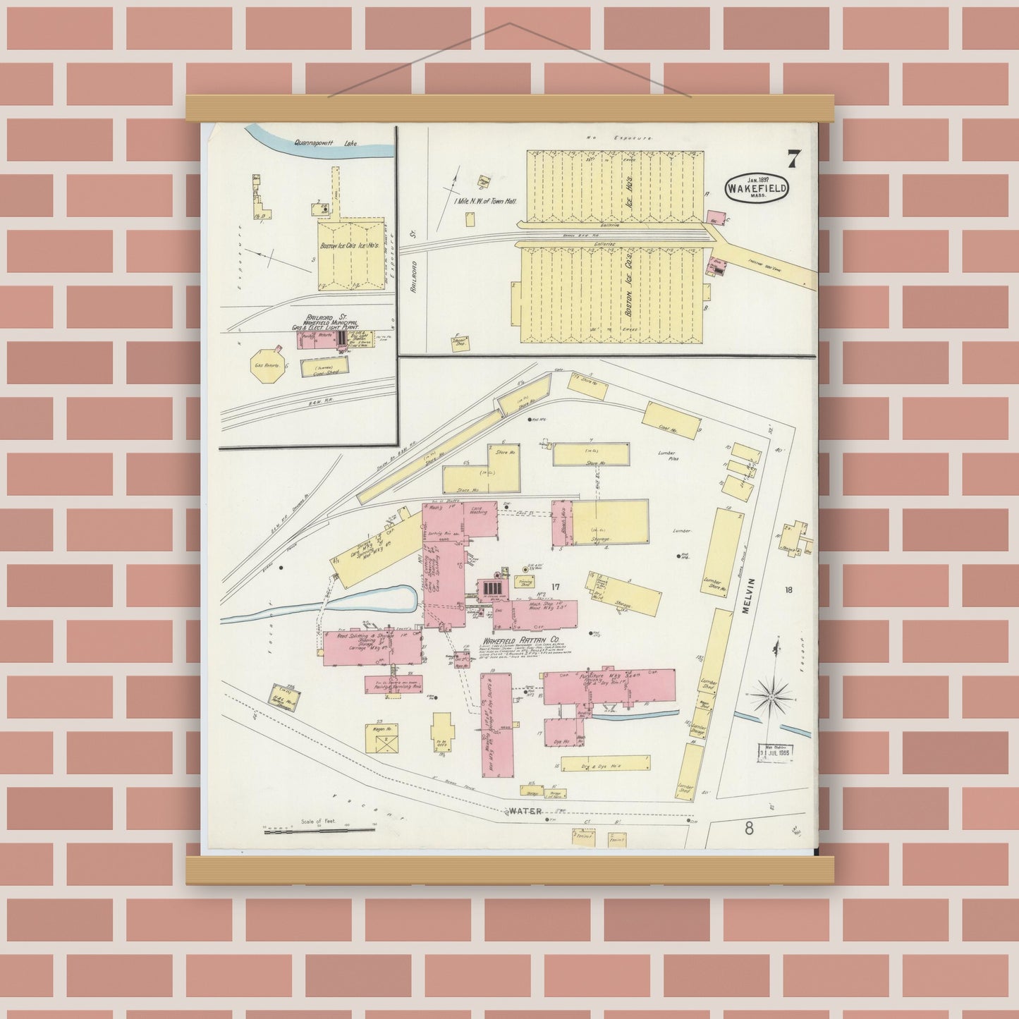 Old map wall art mockup — magnetic wood frame on brick wall — Sanborn Fire Insurance Map from Wakefield, Middlesex County, Massachusetts (1897), Sheet #0007