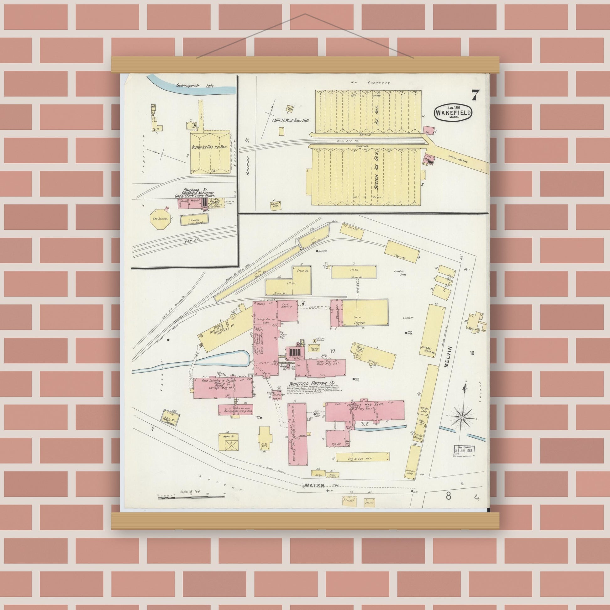 Old map wall art mockup — magnetic wood frame on brick wall — Sanborn Fire Insurance Map from Wakefield, Middlesex County, Massachusetts (1897), Sheet #0007