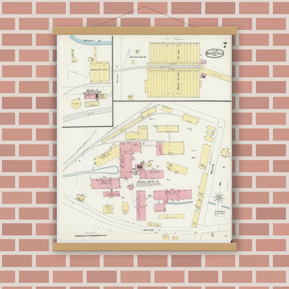 Old map wall art mockup — magnetic wood frame on brick wall — Sanborn Fire Insurance Map from Wakefield, Middlesex County, Massachusetts (1897), Sheet #0007