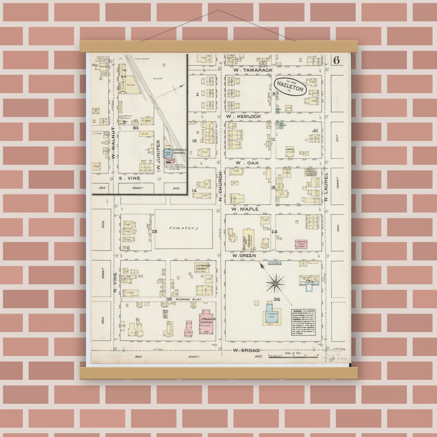 Old map wall art mockup — magnetic wood frame on brick wall — Sanborn Fire Insurance Map from Hazleton, Luzerne County, Pennsylvania (1884), Sheet #0006