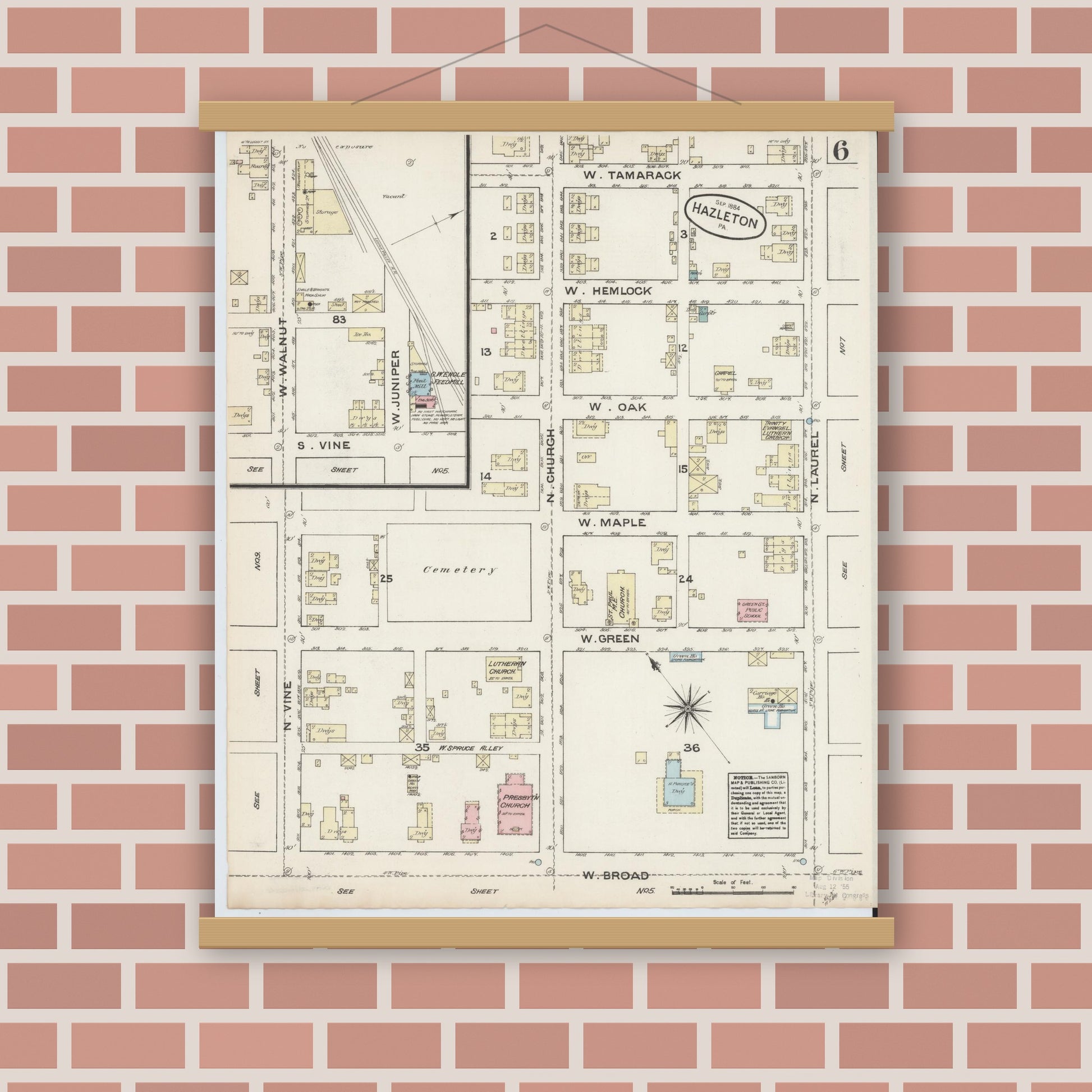 Old map wall art mockup — magnetic wood frame on brick wall — Sanborn Fire Insurance Map from Hazleton, Luzerne County, Pennsylvania (1884), Sheet #0006