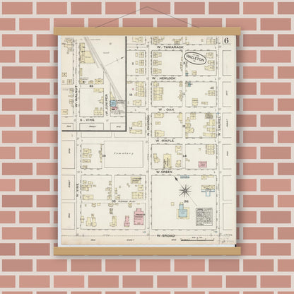 Old map wall art mockup — magnetic wood frame on brick wall — Sanborn Fire Insurance Map from Hazleton, Luzerne County, Pennsylvania (1884), Sheet #0006