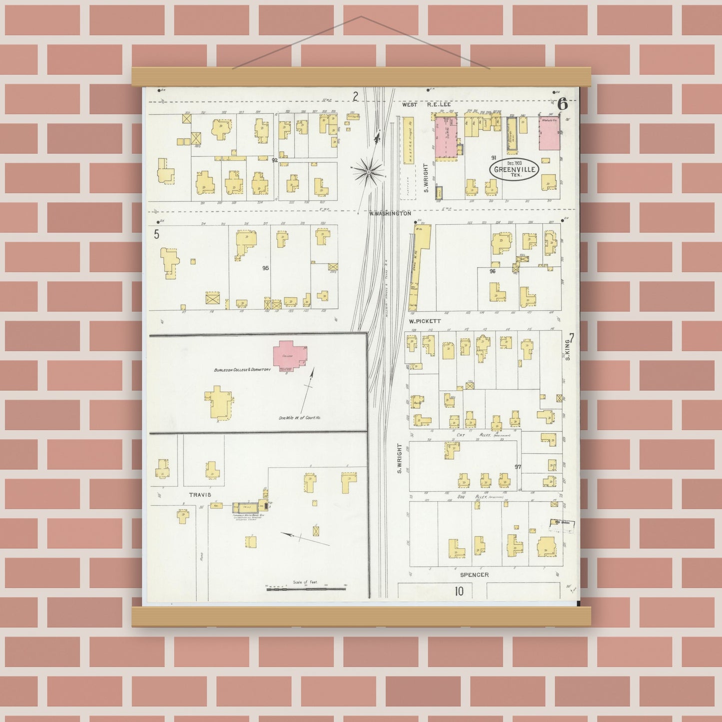Old map wall art mockup — magnetic wood frame on brick wall — Sanborn Fire Insurance Map from Greenville, Hunt County, Texas (1903), Sheet #0006