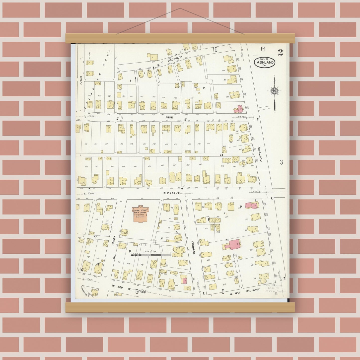 Old map wall art mockup — magnetic wood frame on brick wall — Sanborn Fire Insurance Map from Ashland, Ashland County, Ohio (1911), Sheet #0002