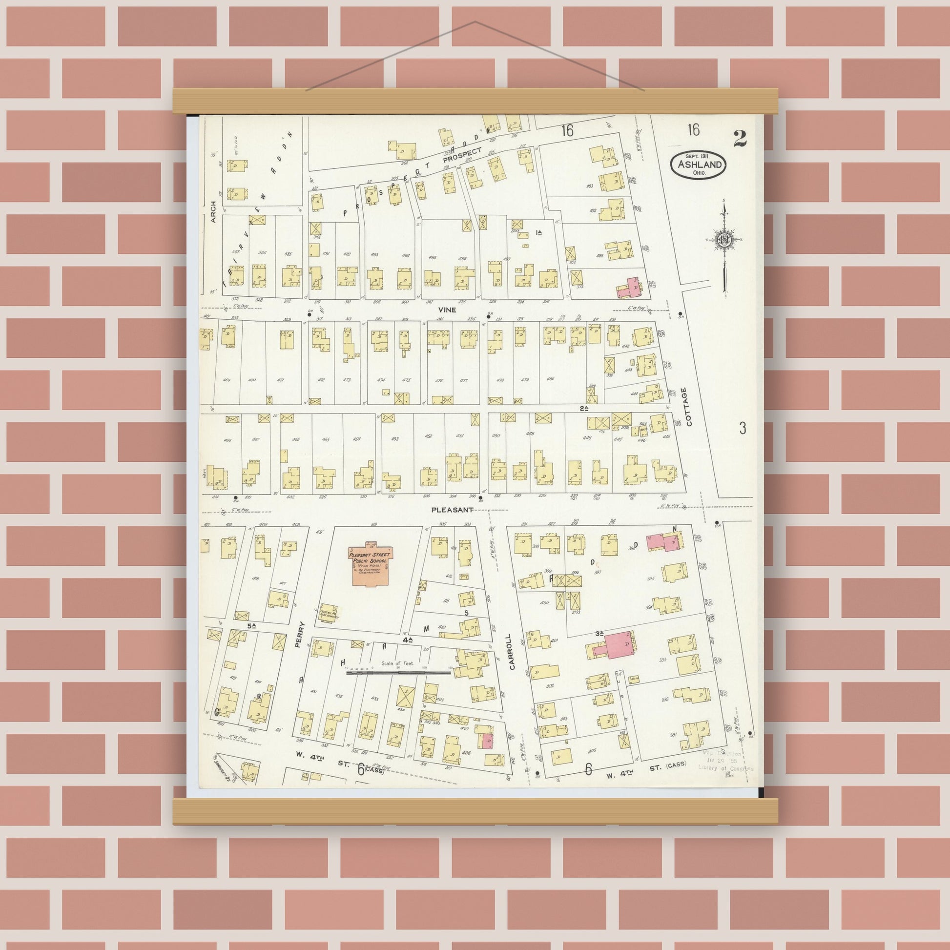 Old map wall art mockup — magnetic wood frame on brick wall — Sanborn Fire Insurance Map from Ashland, Ashland County, Ohio (1911), Sheet #0002