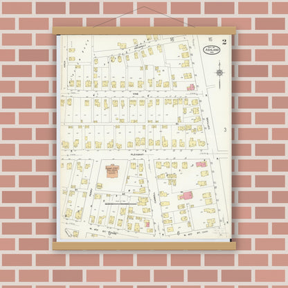 Old map wall art mockup — magnetic wood frame on brick wall — Sanborn Fire Insurance Map from Ashland, Ashland County, Ohio (1911), Sheet #0002