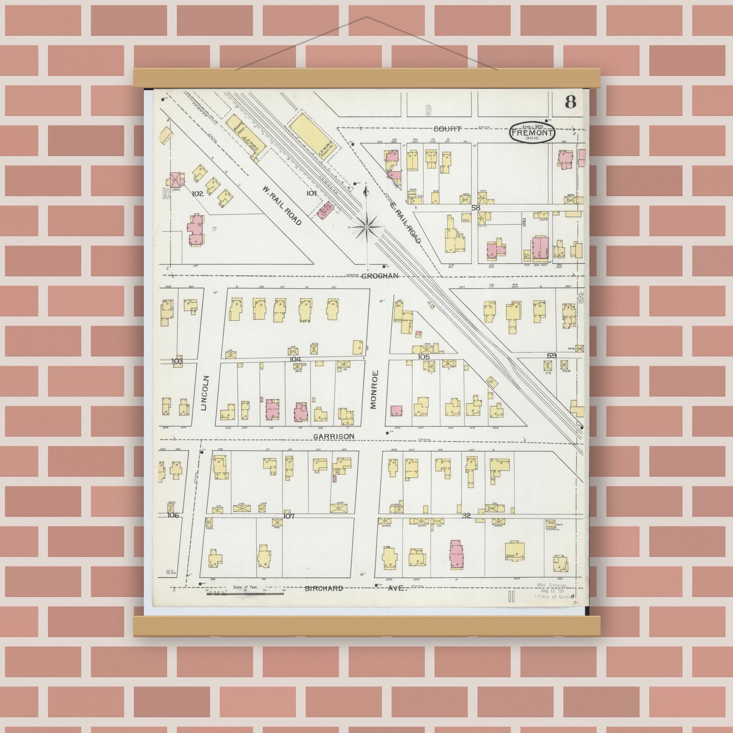 Old map wall art mockup — magnetic wood frame on brick wall — Sanborn Fire Insurance Map from Fremont, Sandusky County, Ohio (1893), Sheet #0008