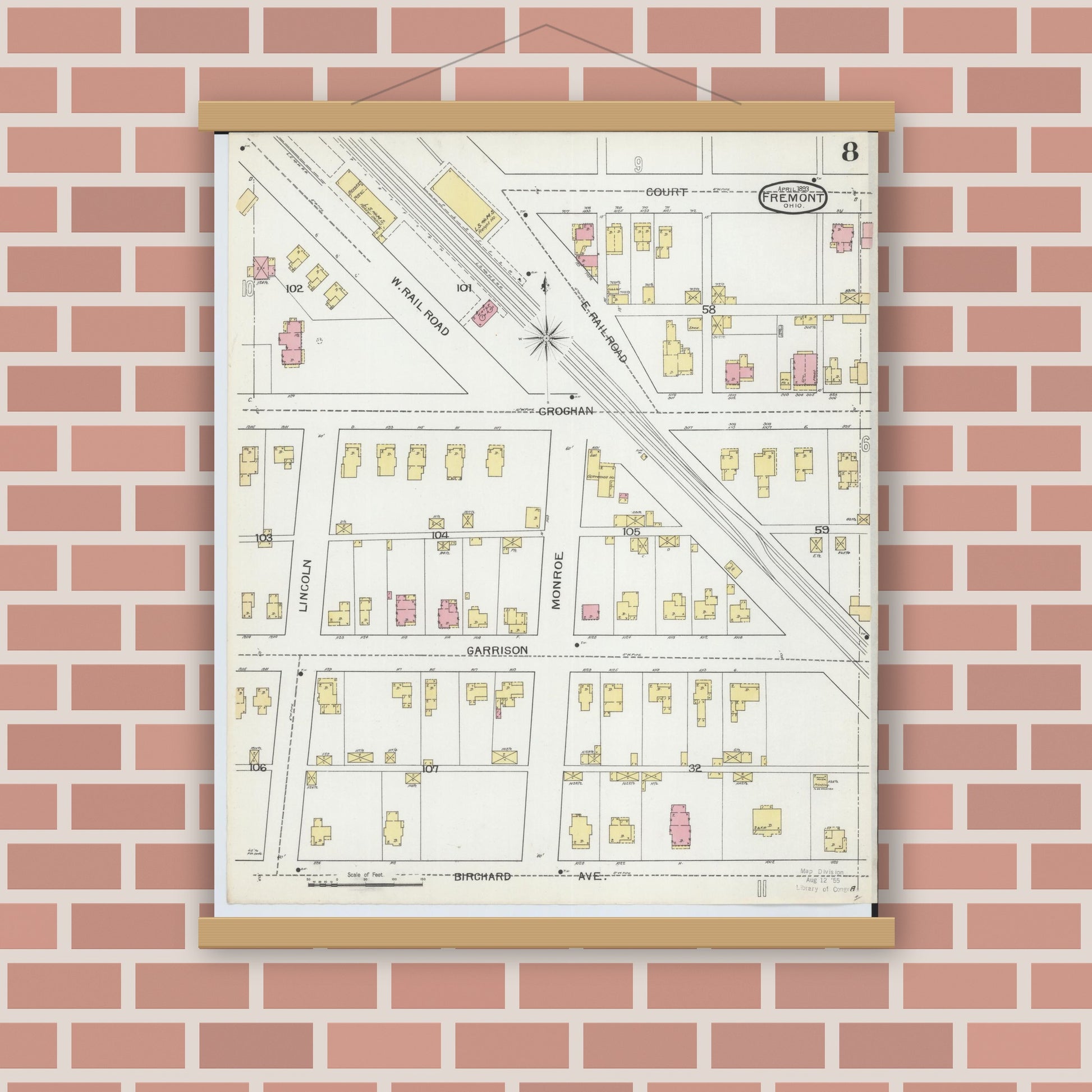 Old map wall art mockup — magnetic wood frame on brick wall — Sanborn Fire Insurance Map from Fremont, Sandusky County, Ohio (1893), Sheet #0008