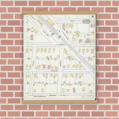 Old map wall art mockup — magnetic wood frame on brick wall — Sanborn Fire Insurance Map from Fremont, Sandusky County, Ohio (1893), Sheet #0008