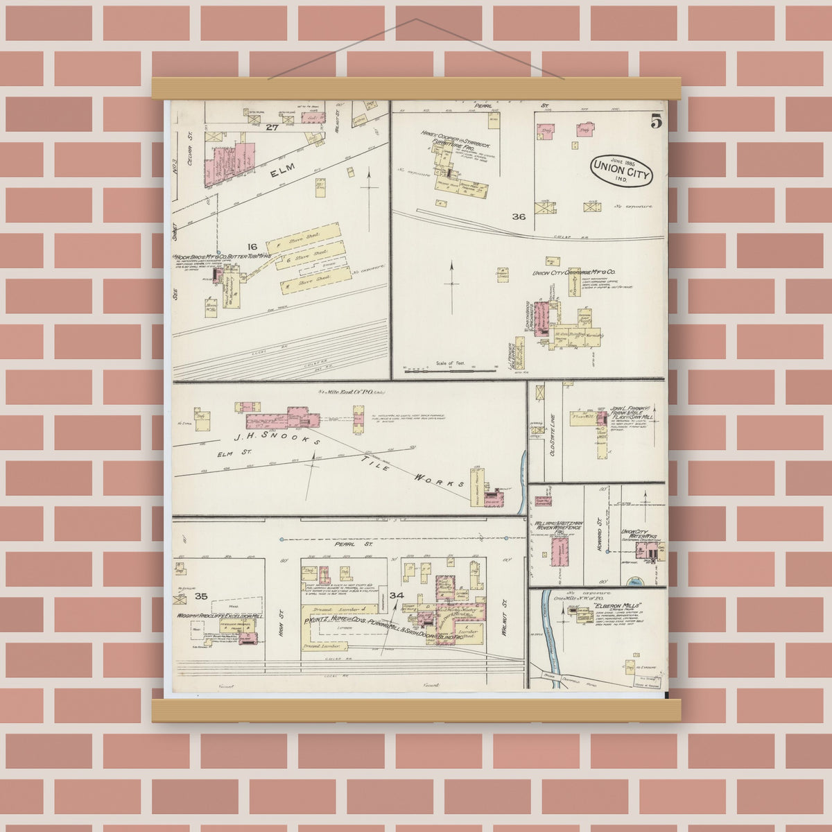 Old map wall art mockup — magnetic wood frame on brick wall — Sanborn Fire Insurance Map from Union City, Randolph County, Indiana (1885), Sheet #0005