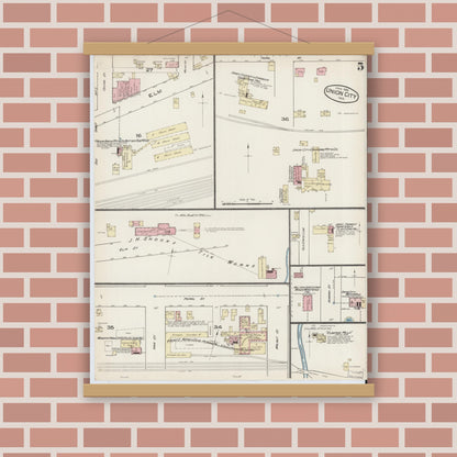 Old map wall art mockup — magnetic wood frame on brick wall — Sanborn Fire Insurance Map from Union City, Randolph County, Indiana (1885), Sheet #0005