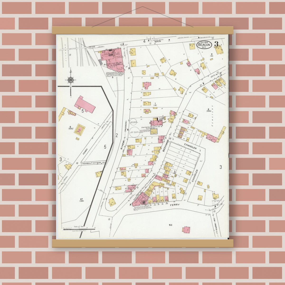 Old map wall art mockup — magnetic wood frame on brick wall — Sanborn Fire Insurance Map from Beacon, Dutchess County, New York (1919), Sheet #0003