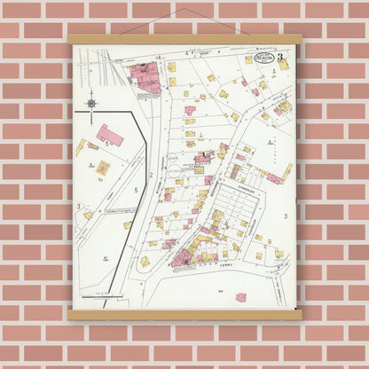 Old map wall art mockup — magnetic wood frame on brick wall — Sanborn Fire Insurance Map from Beacon, Dutchess County, New York (1919), Sheet #0003