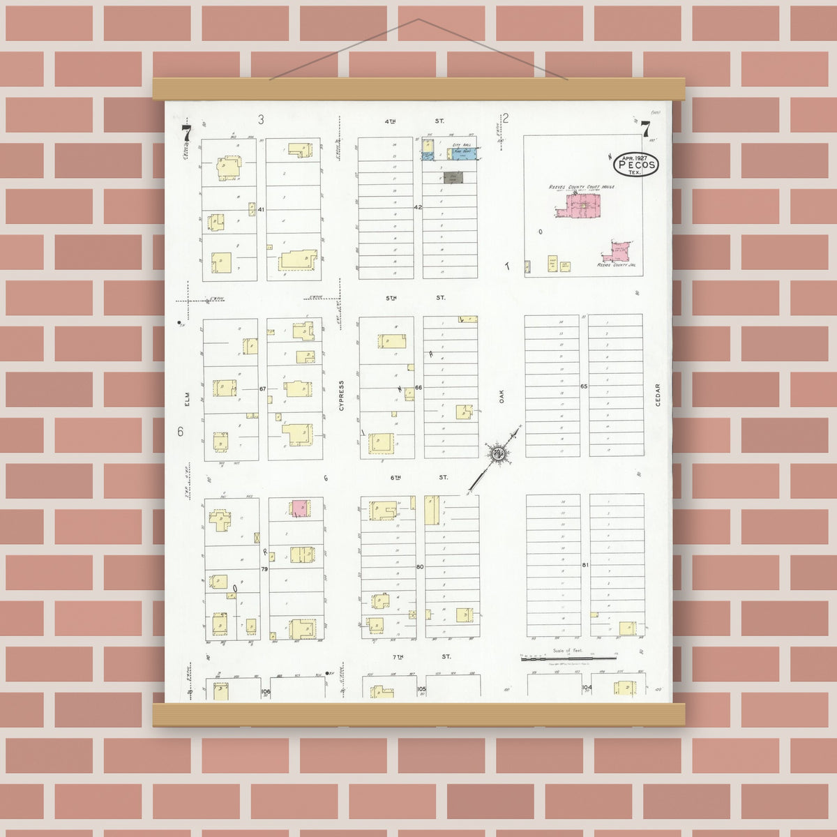 Old map wall art mockup — magnetic wood frame on brick wall — Sanborn Fire Insurance Map from Pecos, Reeves County, Texas (1927), Sheet #0007