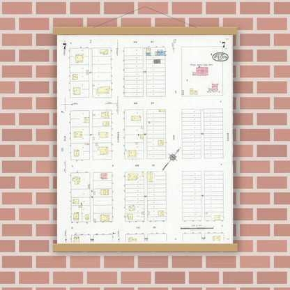 Old map wall art mockup — magnetic wood frame on brick wall — Sanborn Fire Insurance Map from Pecos, Reeves County, Texas (1927), Sheet #0007