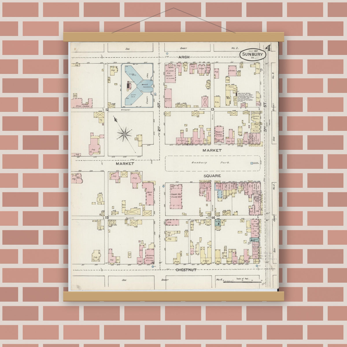 Old map wall art mockup — magnetic wood frame on brick wall — Sanborn Fire Insurance Map from Sunbury, Northumberland County, Pennsylvania (1887), Sheet #0004