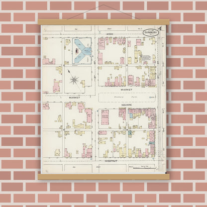 Old map wall art mockup — magnetic wood frame on brick wall — Sanborn Fire Insurance Map from Sunbury, Northumberland County, Pennsylvania (1887), Sheet #0004