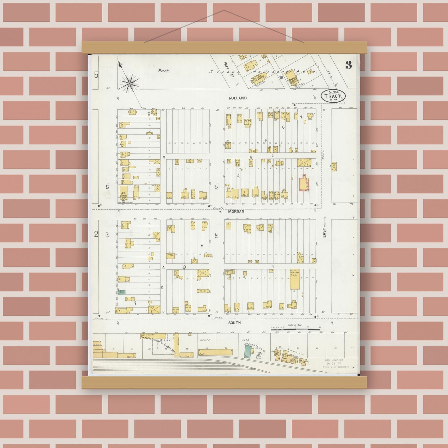Old map wall art mockup — magnetic wood frame on brick wall — Sanborn Fire Insurance Map from Tracy, Lyon County, Minnesota (1899), Sheet #0003