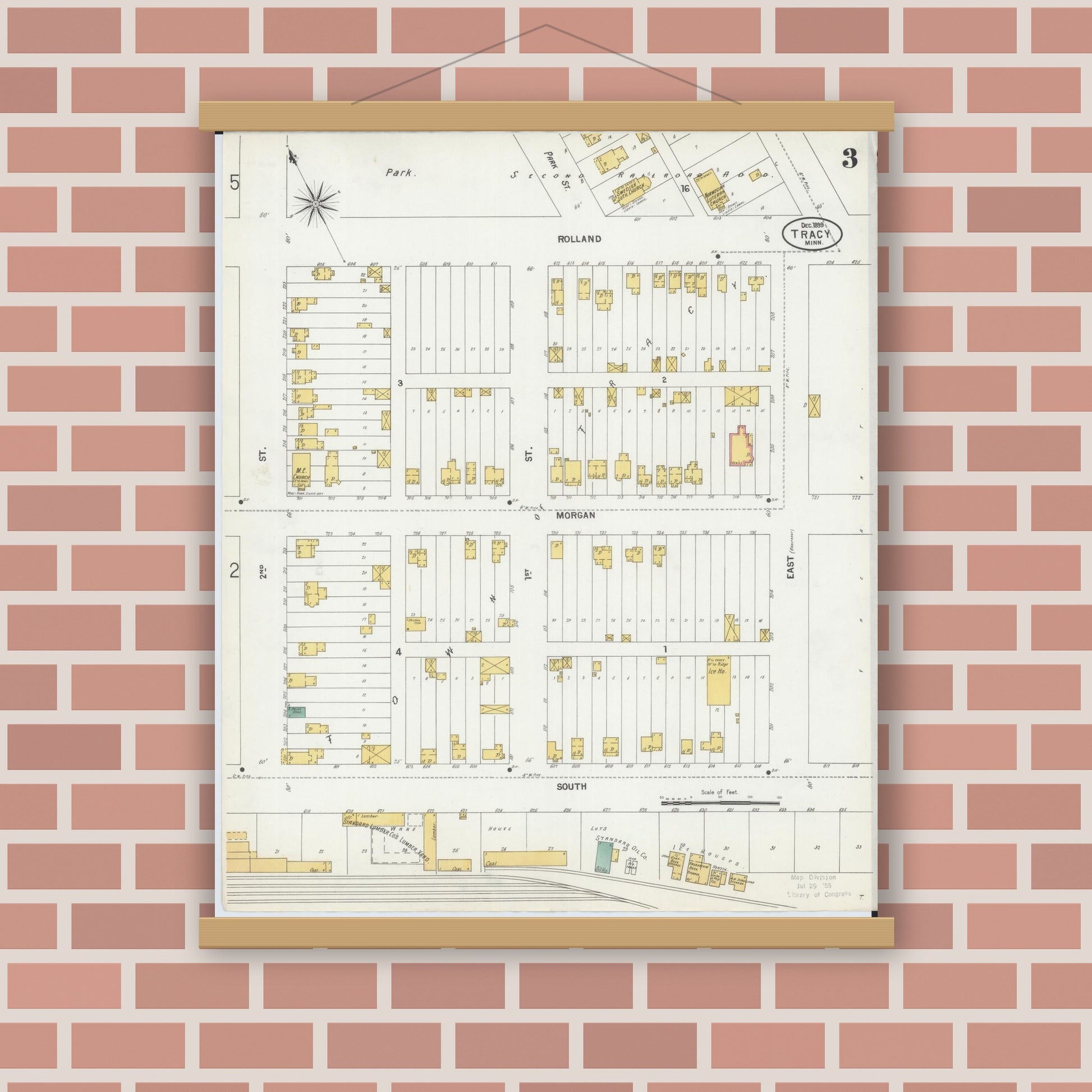 Old map wall art mockup — magnetic wood frame on brick wall — Sanborn Fire Insurance Map from Tracy, Lyon County, Minnesota (1899), Sheet #0003
