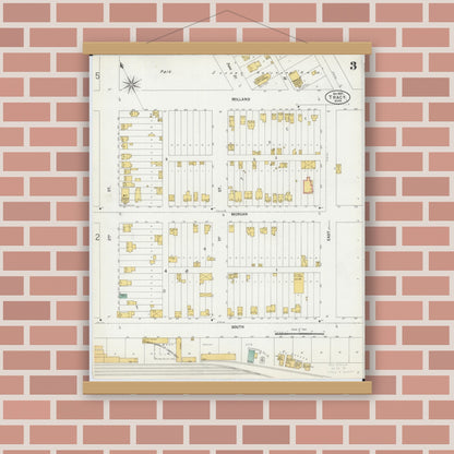 Old map wall art mockup — magnetic wood frame on brick wall — Sanborn Fire Insurance Map from Tracy, Lyon County, Minnesota (1899), Sheet #0003