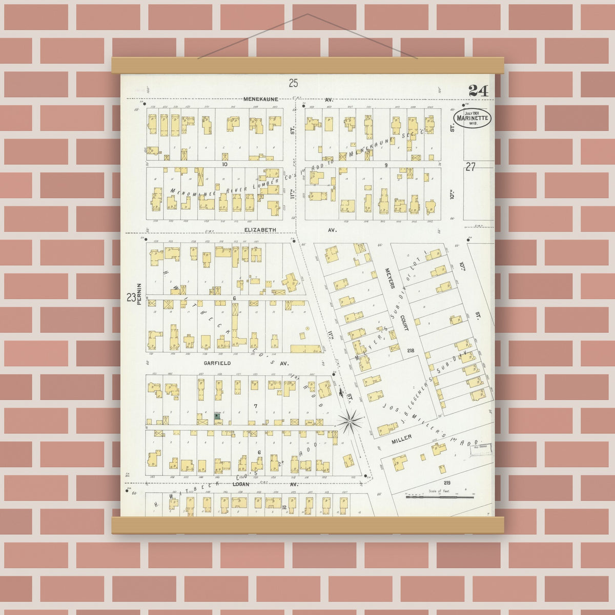 Old map wall art mockup — magnetic wood frame on brick wall — Sanborn Fire Insurance Map from Marinette, Marinette County, Wisconsin (1901), Sheet #0024